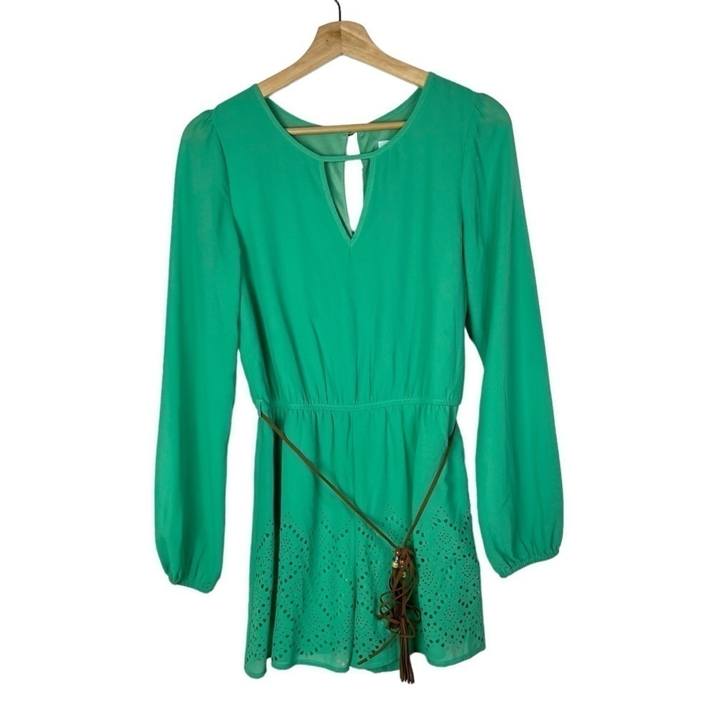 She + Sky Mint Green Laser Cut Long Sleeve Silk‎ Romper S